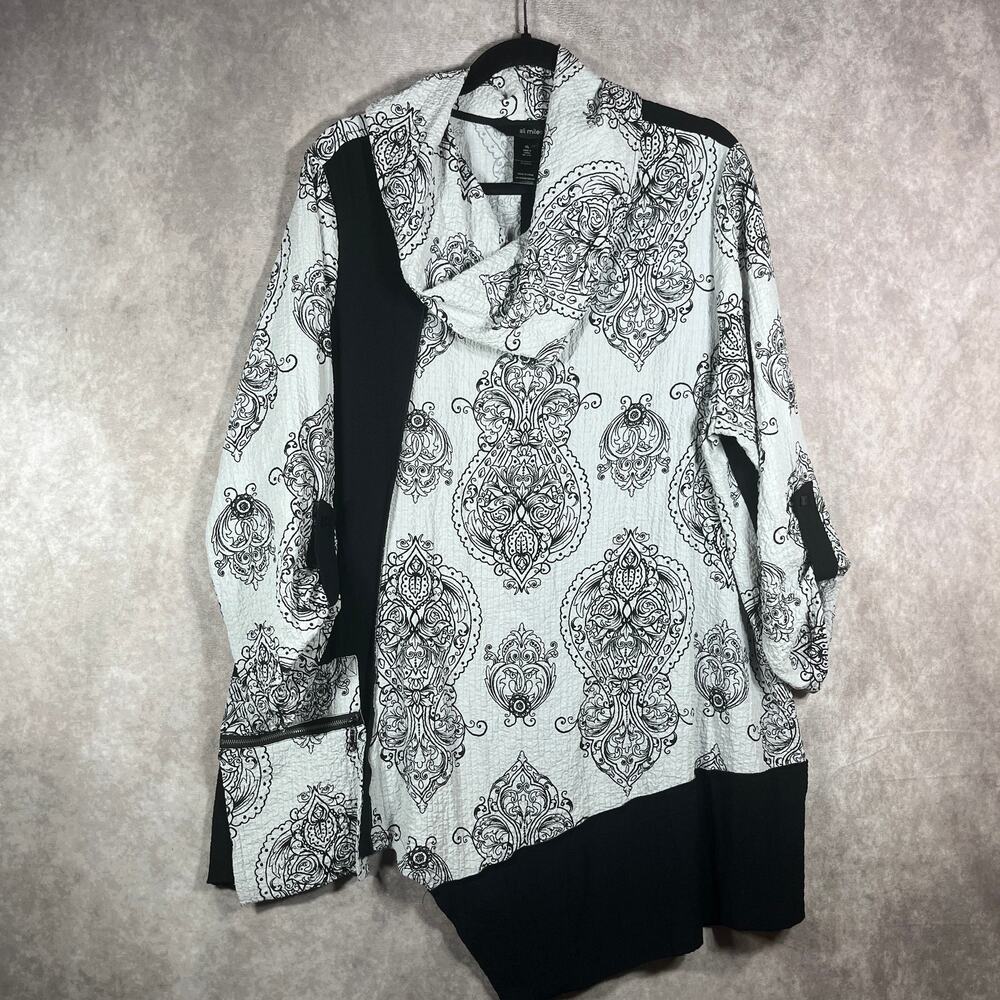 Ali Miles Crinkle Art to Wear Top‎ Womens XL Black White Floral Cowl Neck Mature